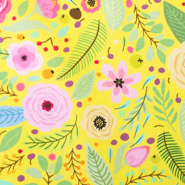 Bauwoll Druck Blüten und Blätter auf Gelb von Happy Easter by Swafing 